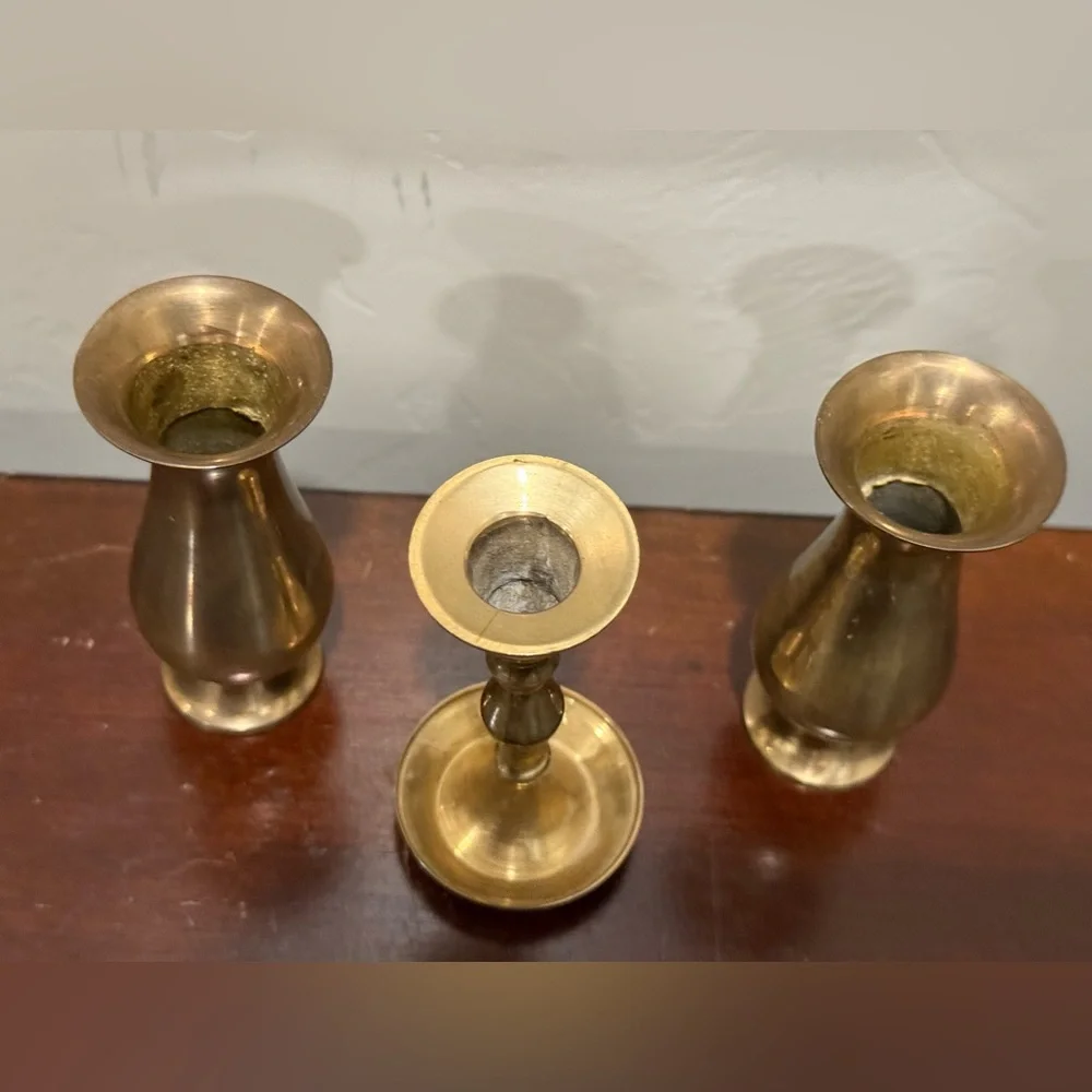 EUC Set Of 3 —2 Solid Brass Bud Vases & 1 Candleholder Made‎ in India